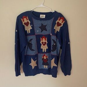 Susan Bristol Blue Sweater with Angel and Star Design with Shoulder Pads